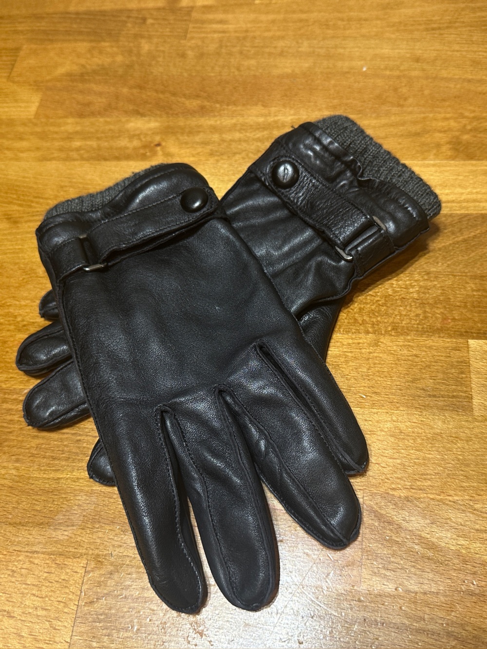 Stewart of Scotland Black Leather Gloves Knit Cuff Wrist Strap Size L
